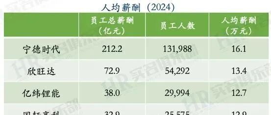 锂电Top6员工薪酬与人效：宁德时代 欣旺达 亿纬锂能 国轩高科 中创新航 孚能科技